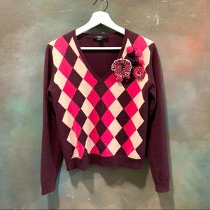 Weekend MaxMara 100% Cashmere Sweater Maglia V-neck Check Flowers details Size M